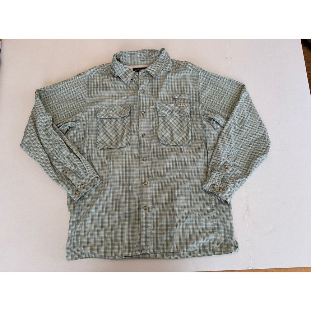 ExOfficio Shirt Mens Large Blue‎ Green Plaid Long Sleeve Fishing Hiking Outdoor